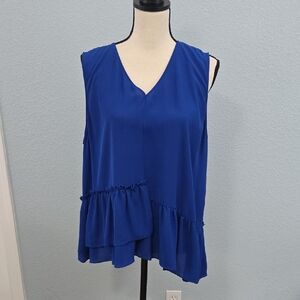 HALOGEN Asymmetrical Sleeveless V-Neck Ruffle Hem Peplum Top Royal Blue Sz XL